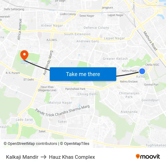 Kalkaji Mandir to Hauz Khas Complex map