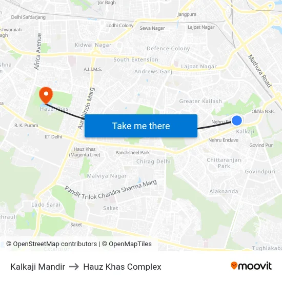 Kalkaji Mandir to Hauz Khas Complex map