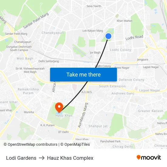 Lodi Gardens to Hauz Khas Complex map