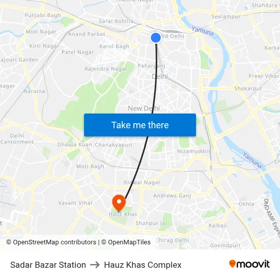 Sadar Bazar Station to Hauz Khas Complex map