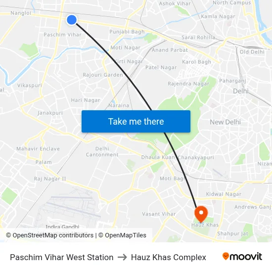 Paschim Vihar West Station to Hauz Khas Complex map