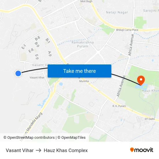 Vasant Vihar to Hauz Khas Complex map