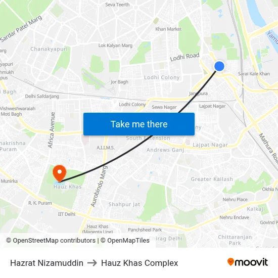 Hazrat Nizamuddin to Hauz Khas Complex map