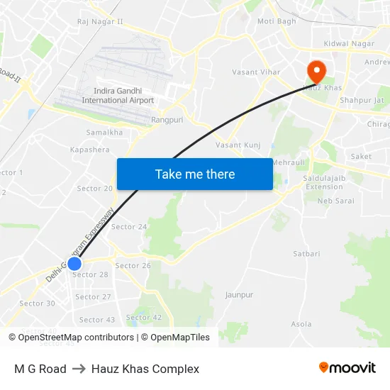 M G Road to Hauz Khas Complex map