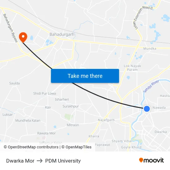 Dwarka Mor to PDM University map
