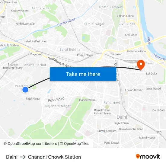 Delhi to Chandni Chowk Station map
