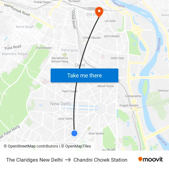 The Claridges New Delhi to Chandni Chowk Station map