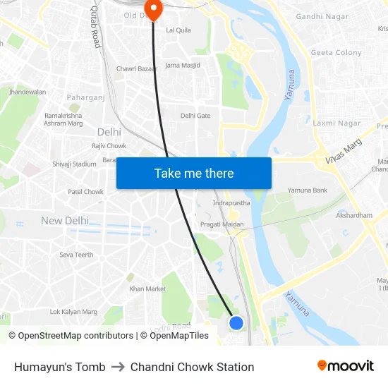 Humayun's Tomb to Chandni Chowk Station map