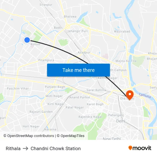 Rithala to Chandni Chowk Station map