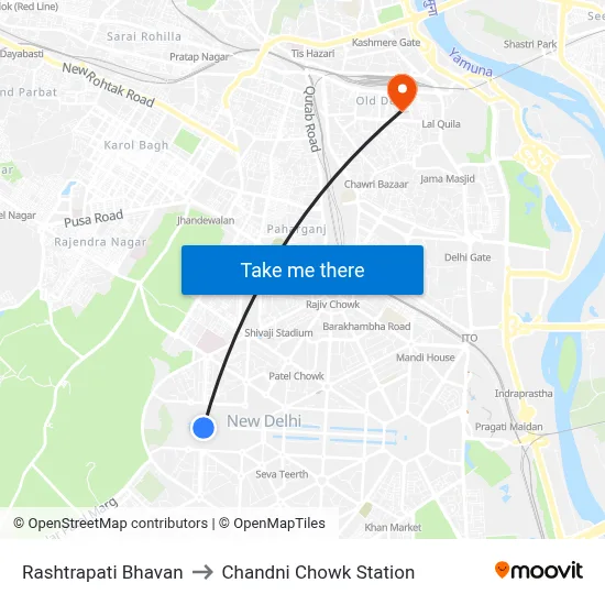 Rashtrapati Bhavan to Chandni Chowk Station map
