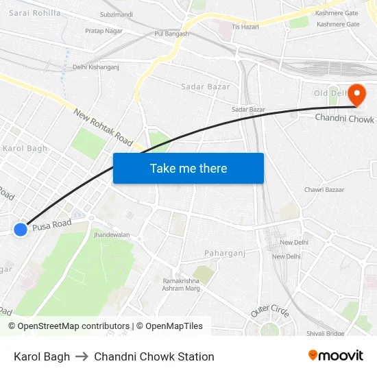 Karol Bagh to Chandni Chowk Station map