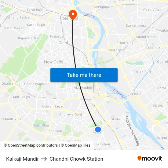 Kalkaji Mandir to Chandni Chowk Station map