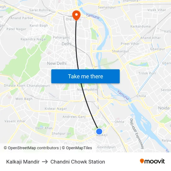 Kalkaji Mandir to Chandni Chowk Station map