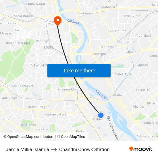Jamia Millia Islamia to Chandni Chowk Station map