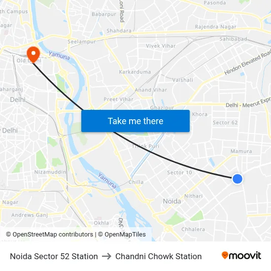 Noida Sector 52 Station to Chandni Chowk Station map