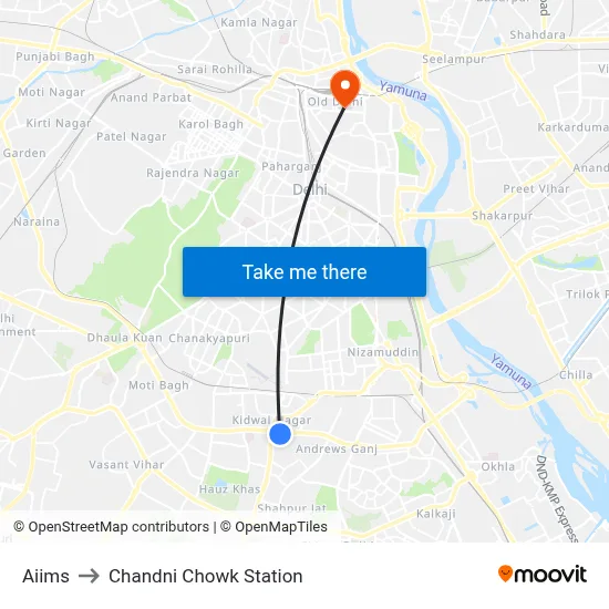 Aiims to Chandni Chowk Station map