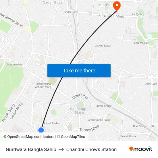 Gurdwara Bangla Sahib to Chandni Chowk Station map