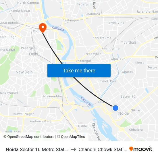 Noida Sector 16 Metro Station to Chandni Chowk Station map