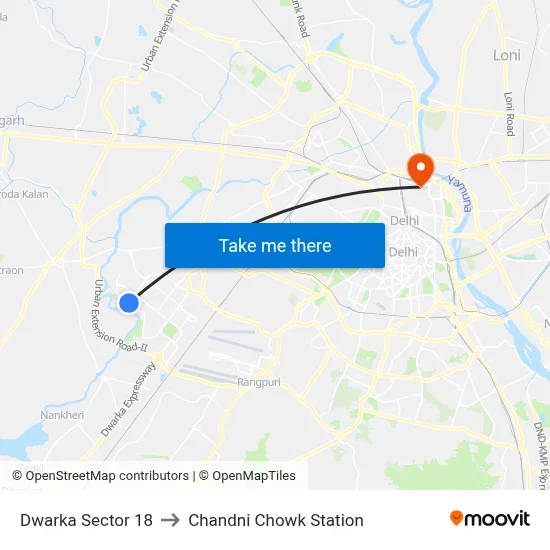 Dwarka Sector 18 to Chandni Chowk Station map