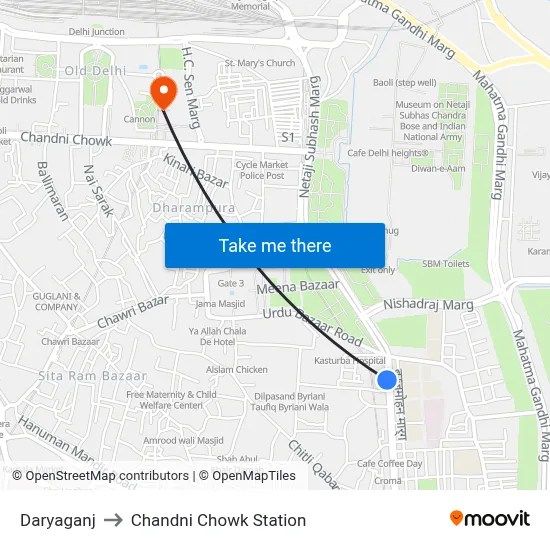 Daryaganj to Chandni Chowk Station map
