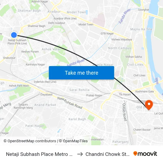 Netaji Subhash Place Metro Station to Chandni Chowk Station map