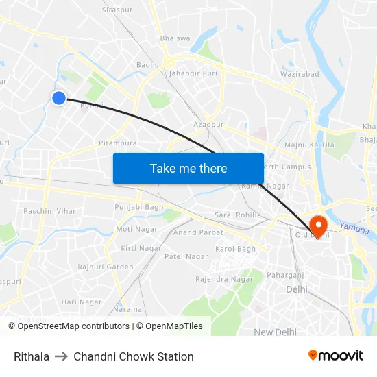 Rithala to Chandni Chowk Station map