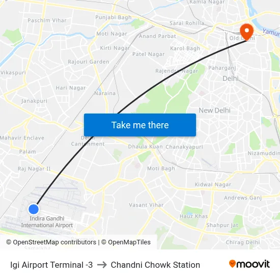 Igi Airport Terminal -3 to Chandni Chowk Station map