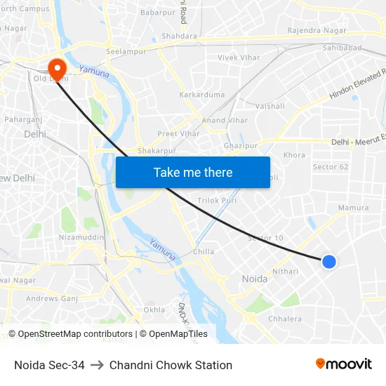 Noida Sec-34 to Chandni Chowk Station map