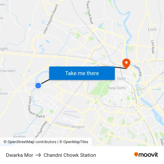 Dwarka Mor to Chandni Chowk Station map