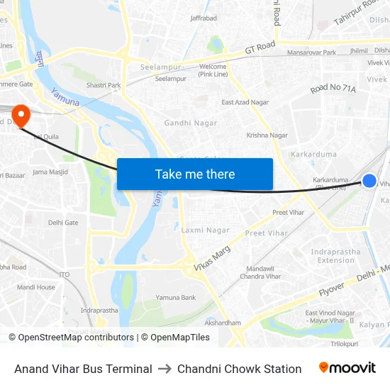 Anand Vihar Bus Terminal to Chandni Chowk Station map