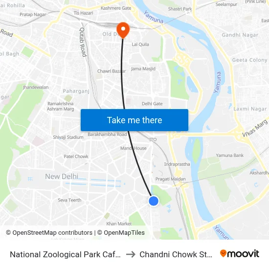 National Zoological Park Cafeteria to Chandni Chowk Station map