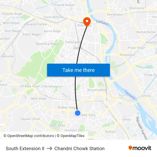 South Extension II to Chandni Chowk Station map