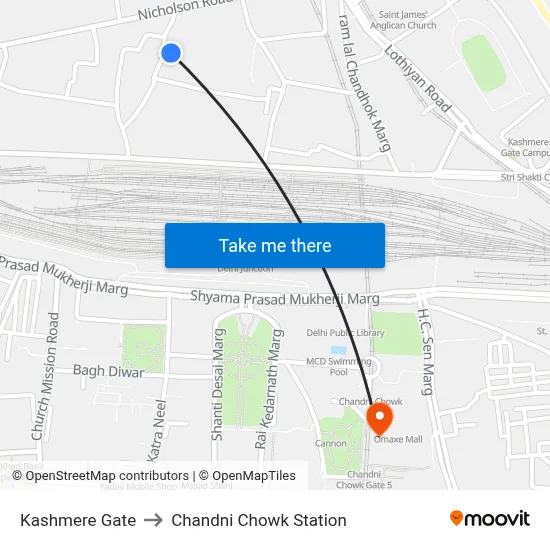 Kashmere Gate to Chandni Chowk Station map