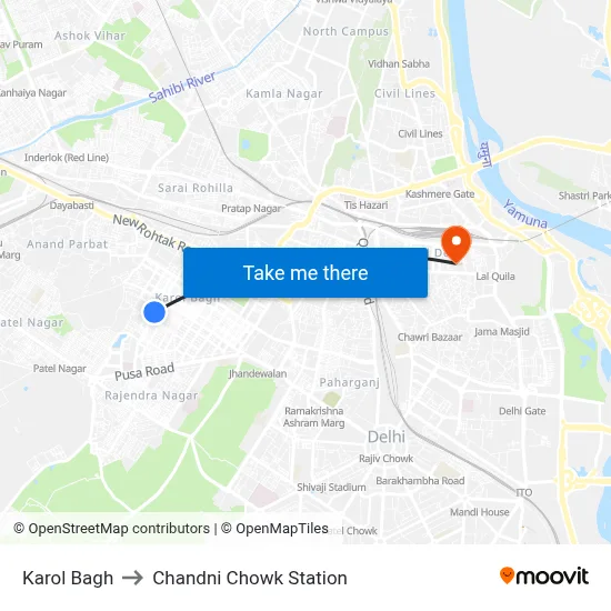 Karol Bagh to Chandni Chowk Station map