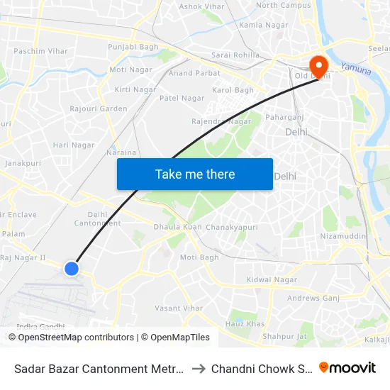 Sadar Bazar Cantonment Metro Station to Chandni Chowk Station map