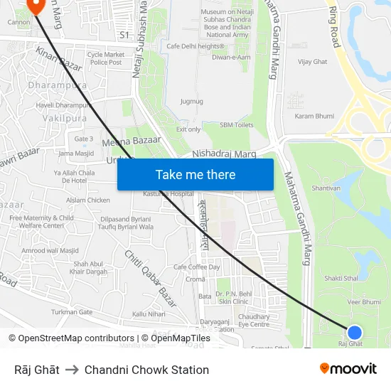 Rāj Ghāt to Chandni Chowk Station map