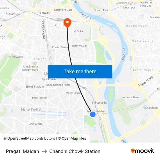 Pragati Maidan to Chandni Chowk Station map