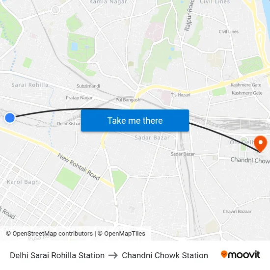 Delhi Sarai Rohilla Station to Chandni Chowk Station map
