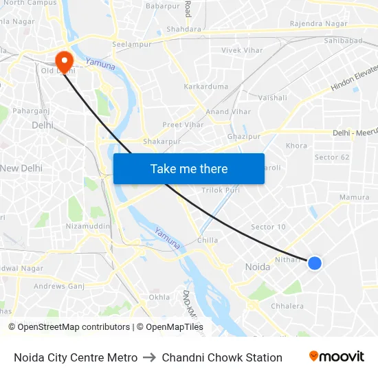 Noida City Centre Metro to Chandni Chowk Station map