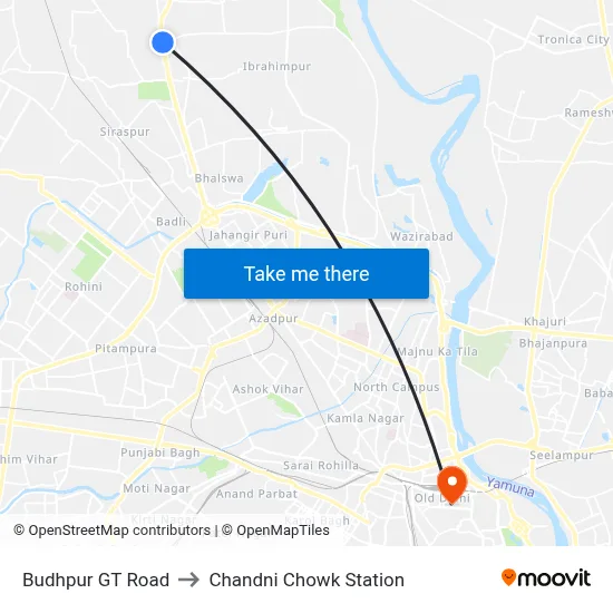 Budhpur GT Road to Chandni Chowk Station map