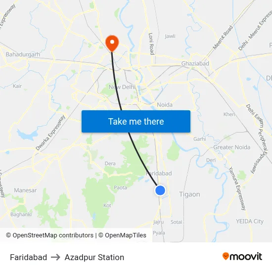 Faridabad to Azadpur Station map