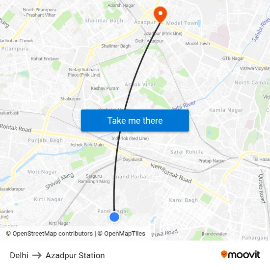 Delhi to Azadpur Station map