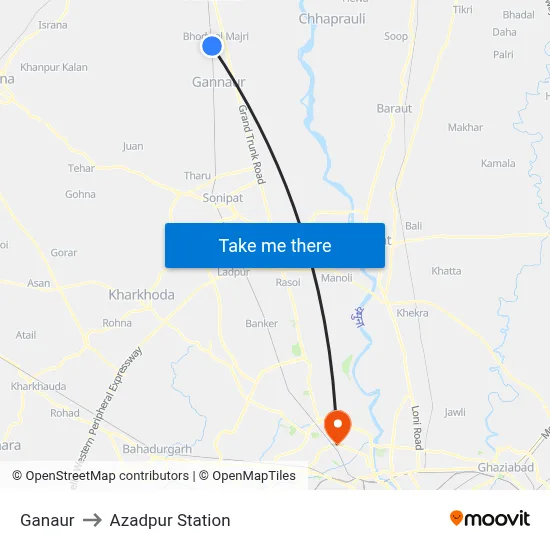 Ganaur to Azadpur Station map