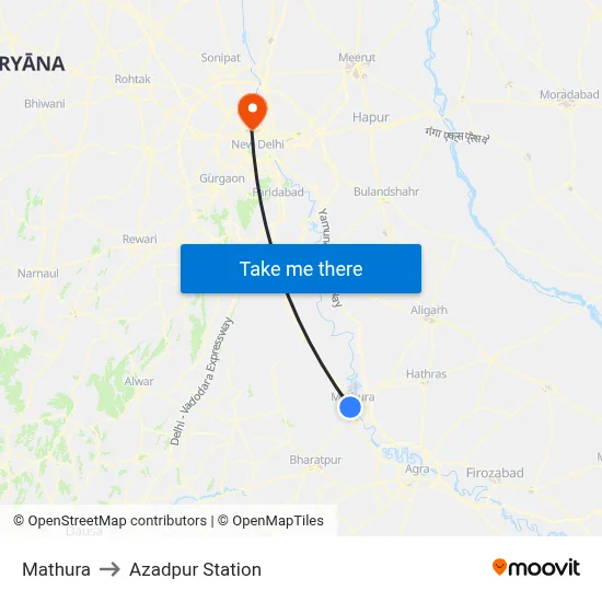 Mathura to Azadpur Station map