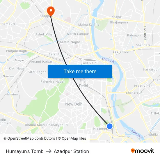 Humayun's Tomb to Azadpur Station map