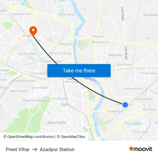 Preet Vihar to Azadpur Station map
