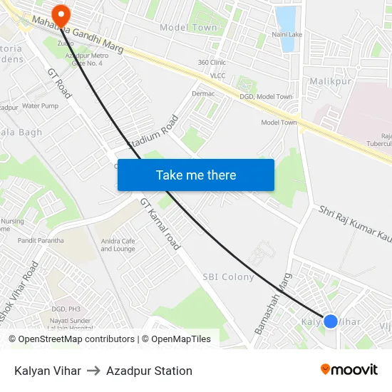 Kalyan Vihar to Azadpur Station map