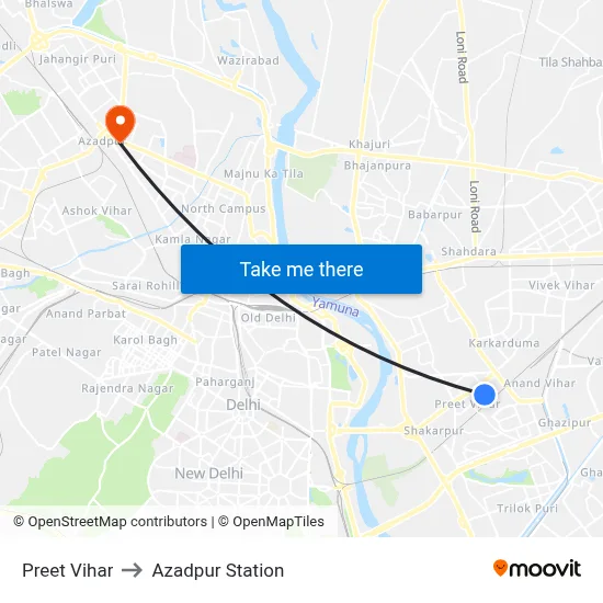 Preet Vihar to Azadpur Station map