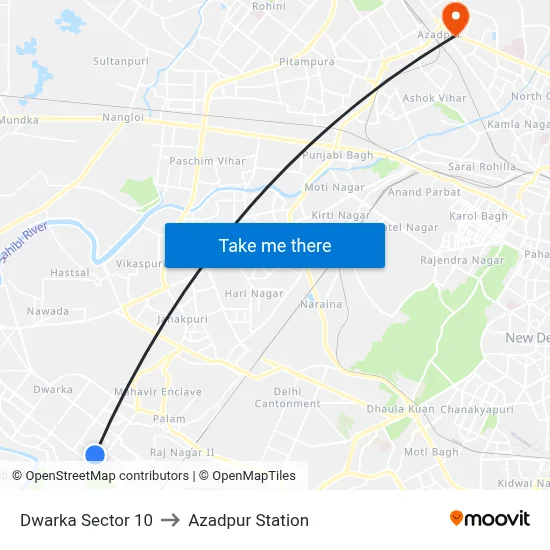 Dwarka Sector 10 to Azadpur Station map