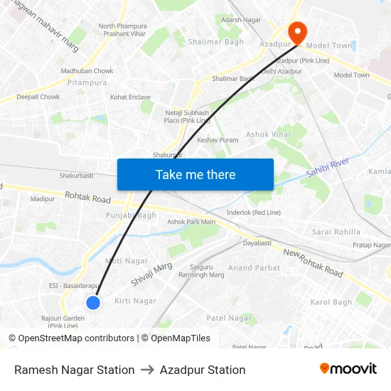 Ramesh Nagar Station to Azadpur Station map